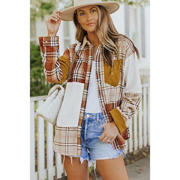 Azura Exchange  Orange Plaid Color Block Patchwork Shirt Jacket with Pocket - Picture 1 of 15